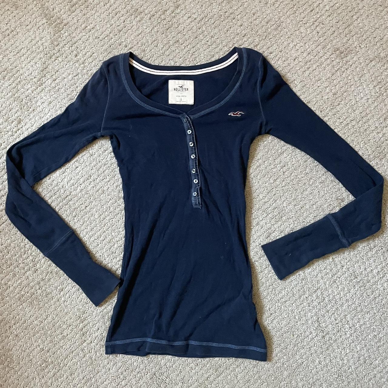 Y2k navy Hollister So Cal stretch long sleeve Henley... - Depop