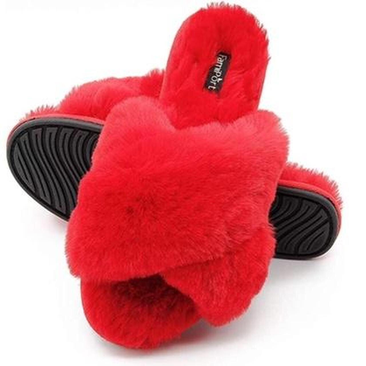 Red fuzzy cheap house slippers