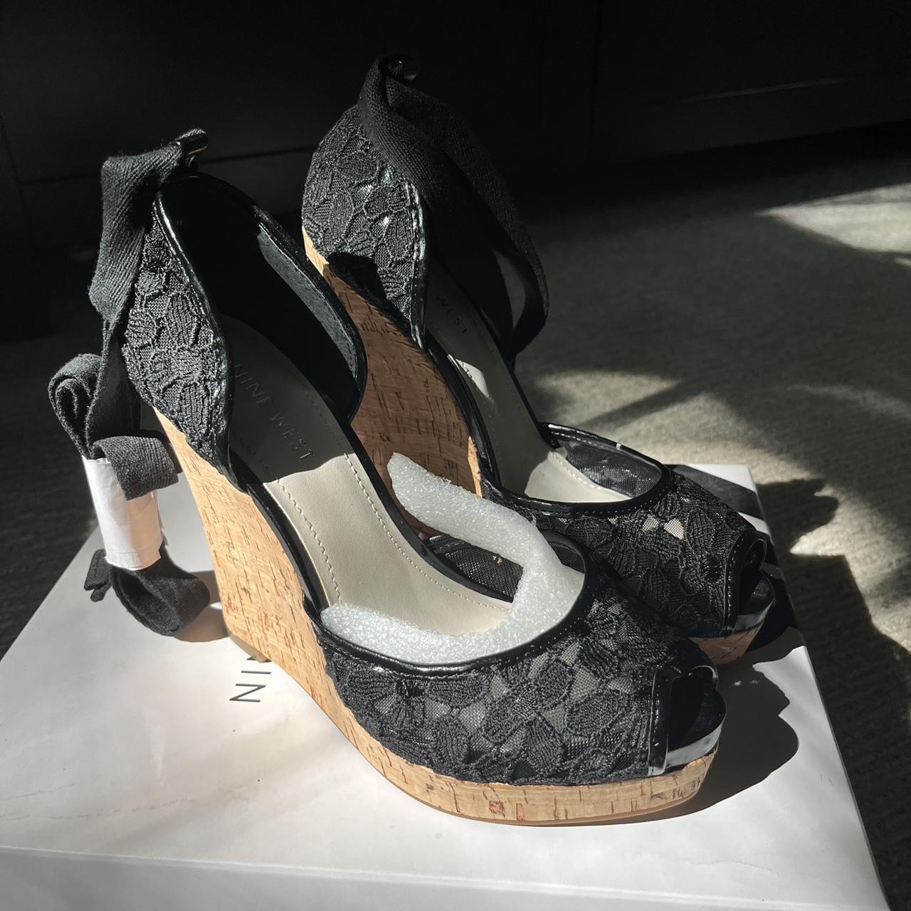 Nine West Women's Espadrilles - Black - US 6.5 – Black lace wedges with bow and cork …