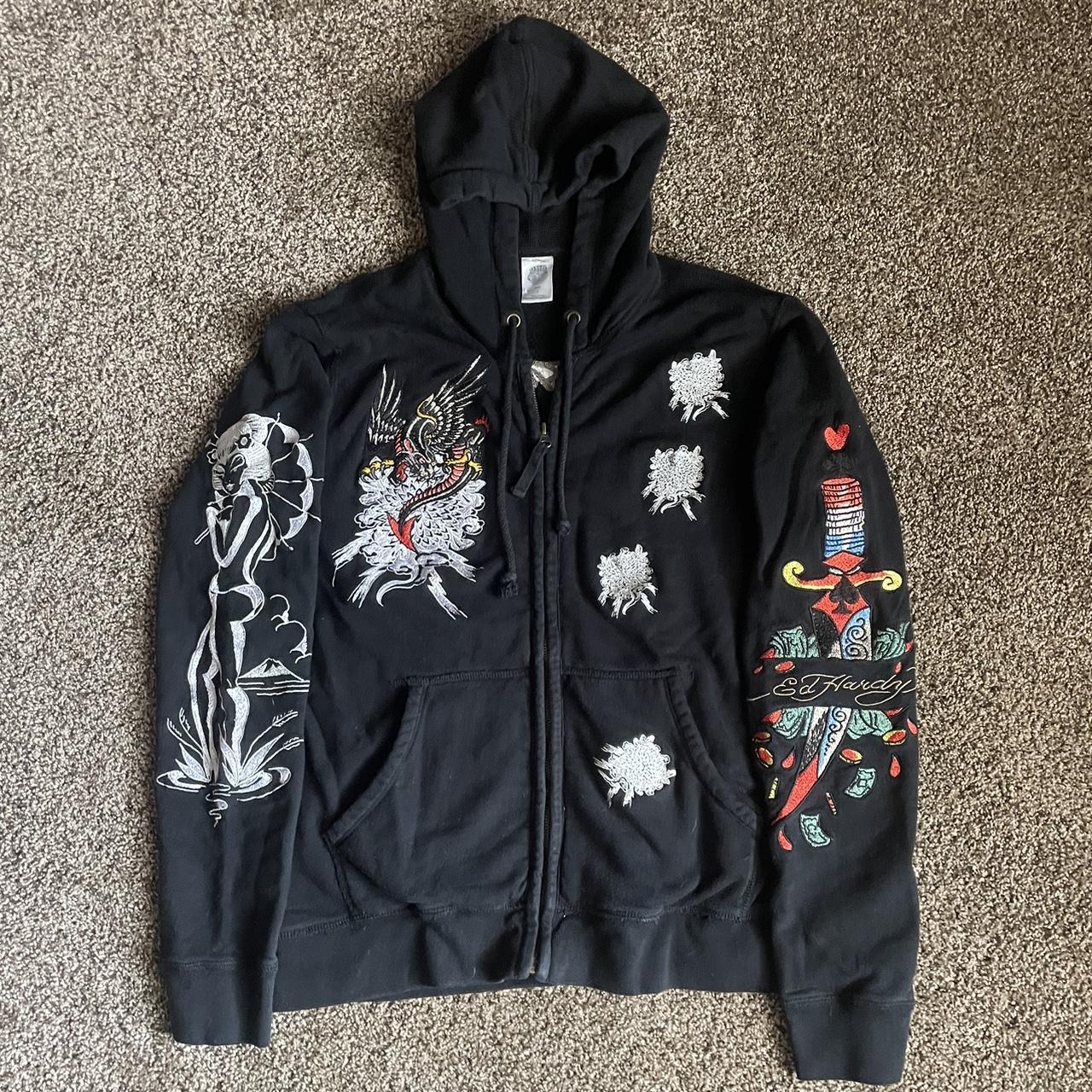 Ed Hardy zip up jacket with crazy embroidery from... - Depop