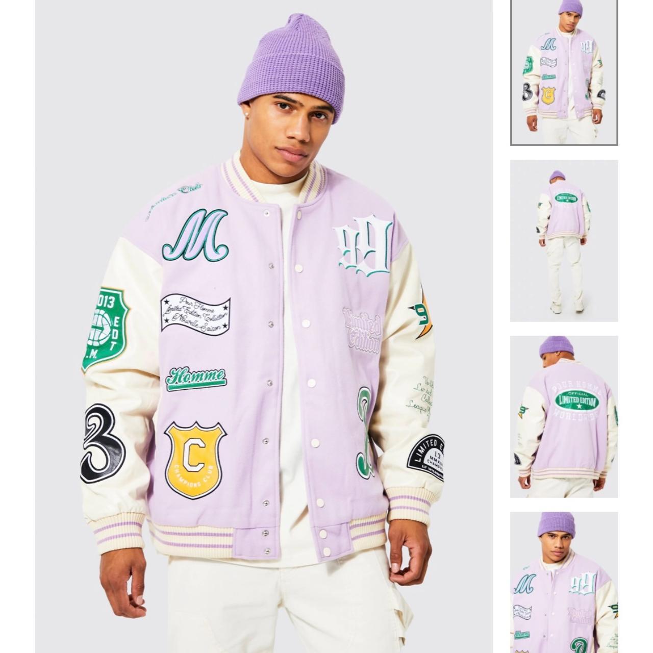 BOOHOOMAN OVERSIZED POUR HOMME WORLDWIDE VARSITY... Depop