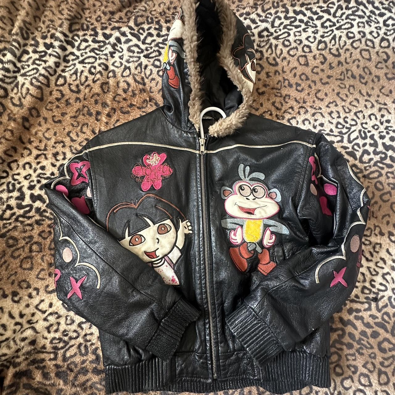 Vintage Dora Graphic Leather Jacket Fur Hood... - Depop