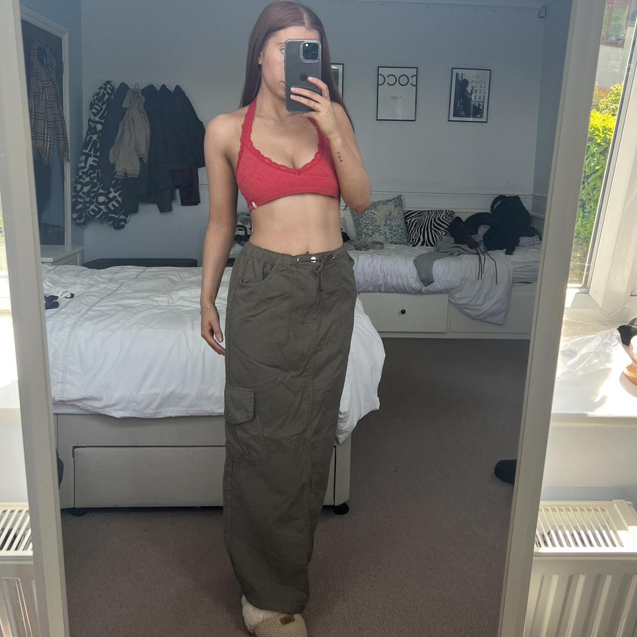 Khaki cargo maxi skirt. Tie waist. Perfect condition - Depop