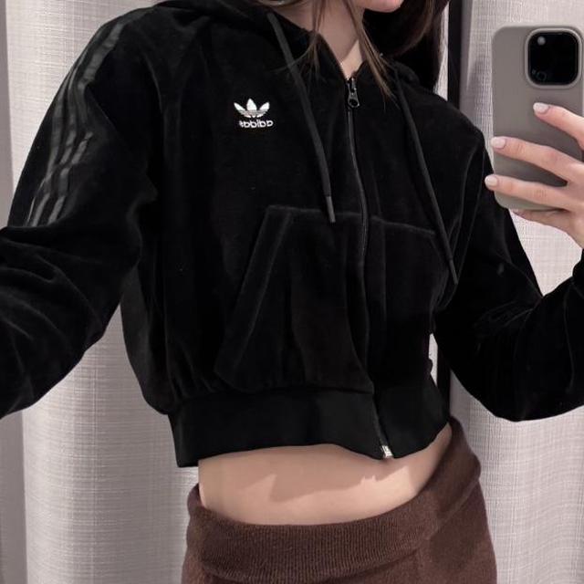 Adidas Velour Cropped Hoodie Black zip up. Size M Depop