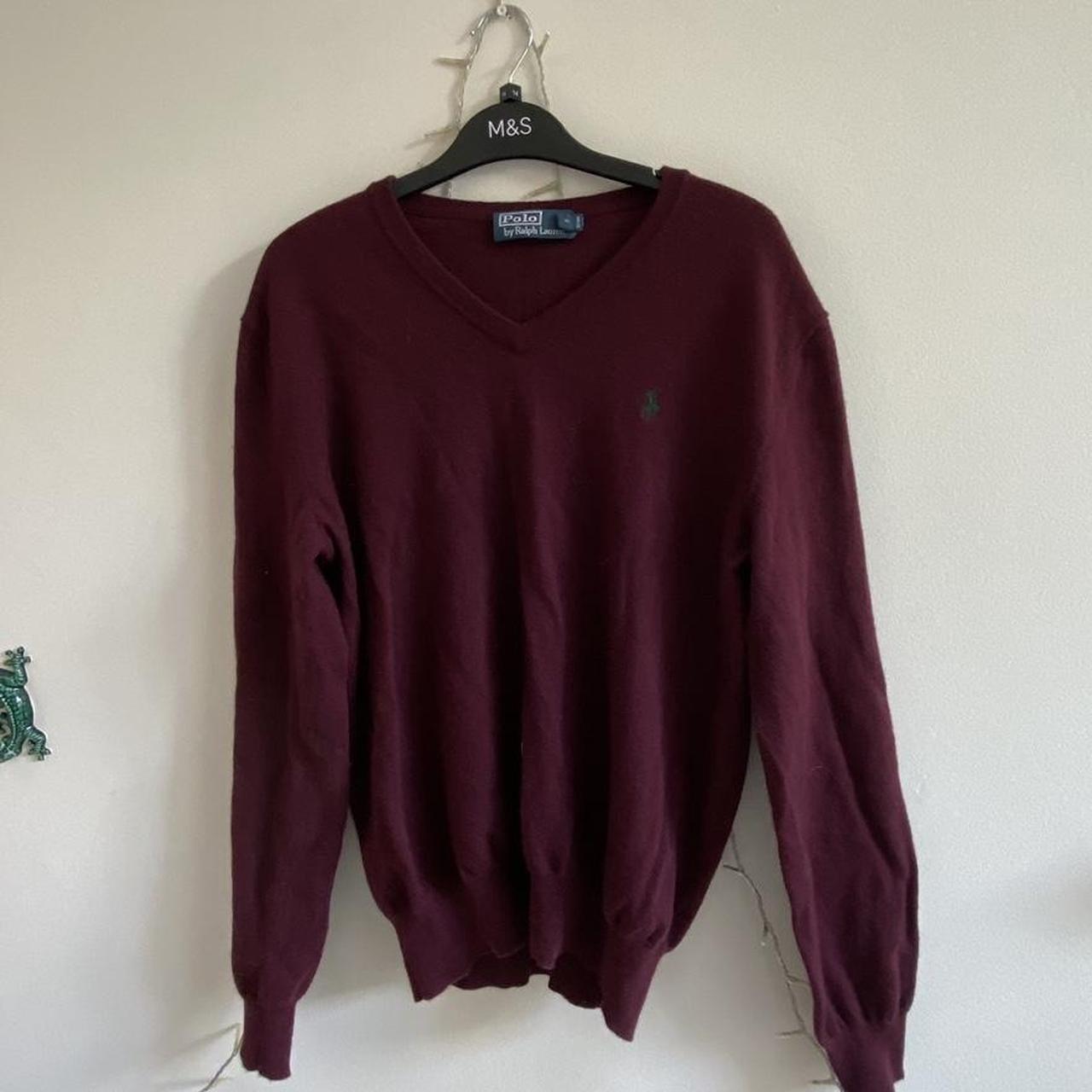 Burgundy maroon Ralph Lauren wool jumper with v neck... - Depop