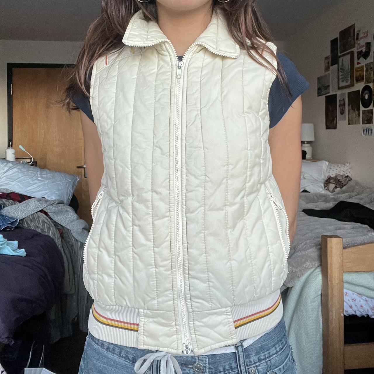 Vintage cream multicolored puffer vest Size:... - Depop