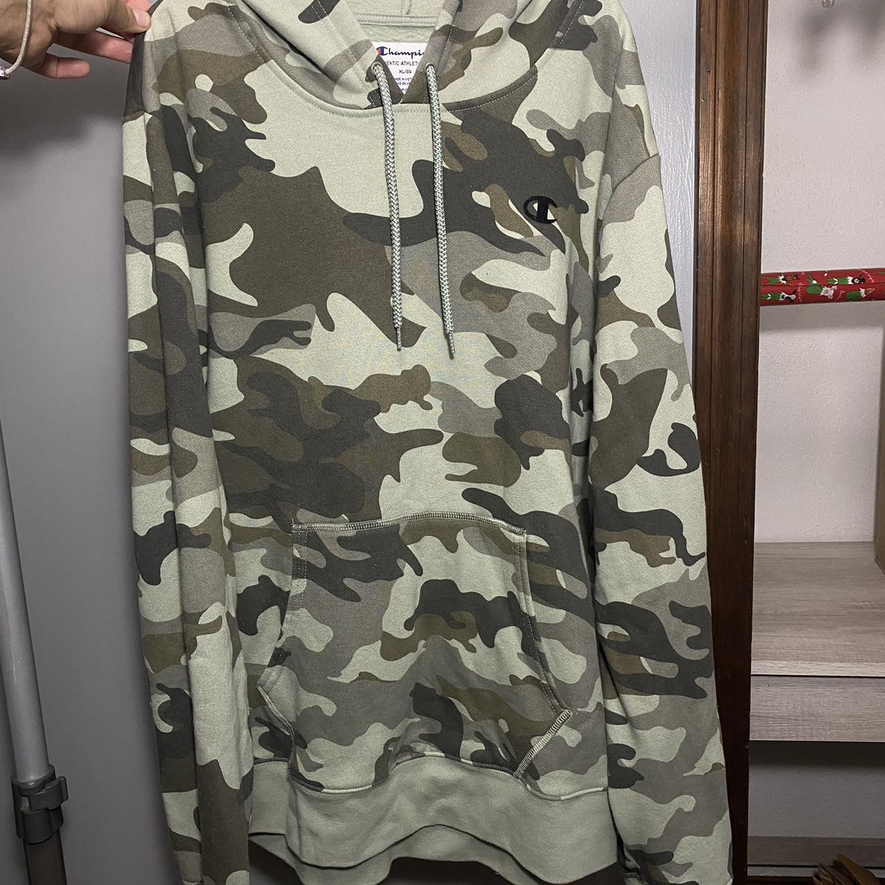 Green camo champion hoodie green. Depop