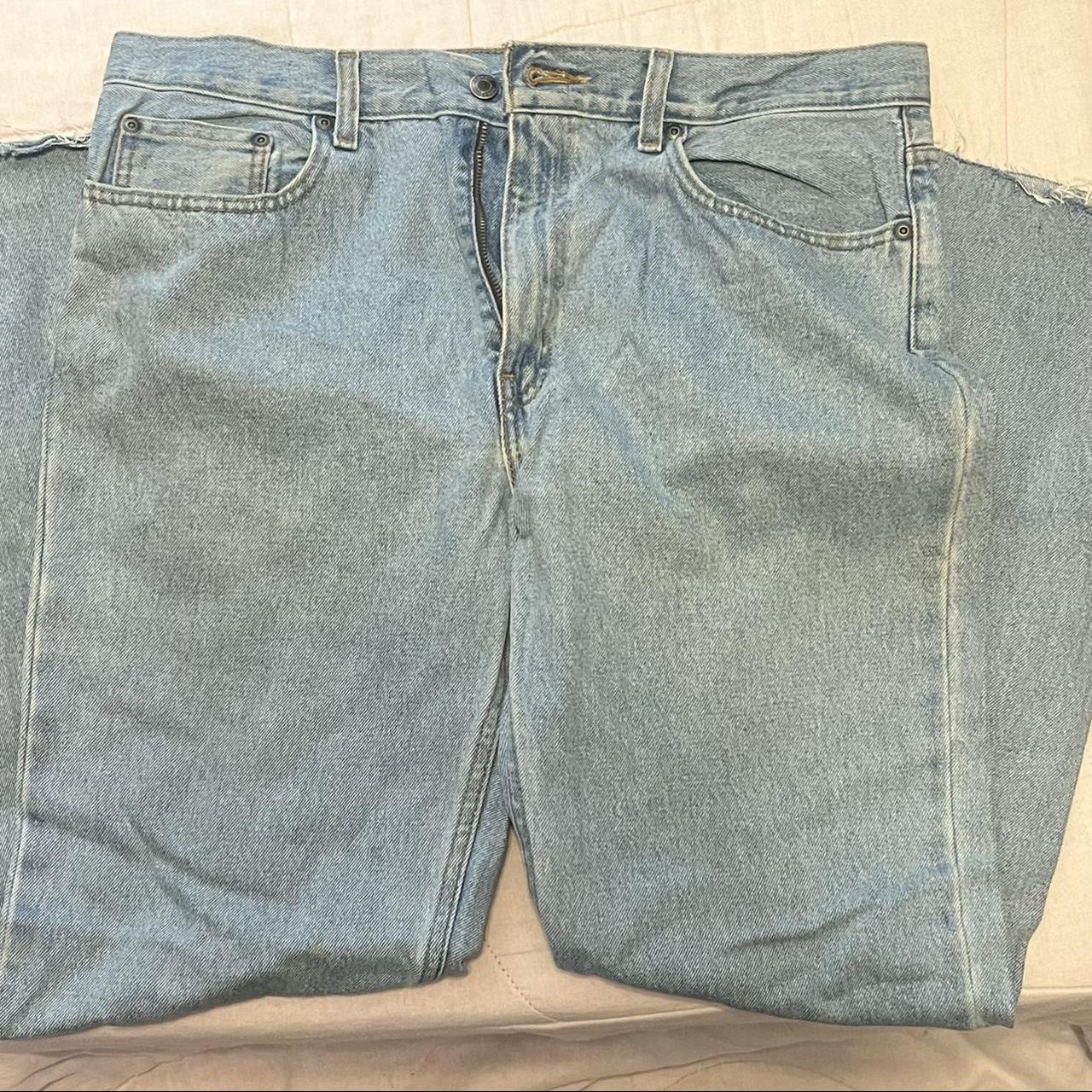 Washed Light Blue jeans with distressed tapering at... - Depop