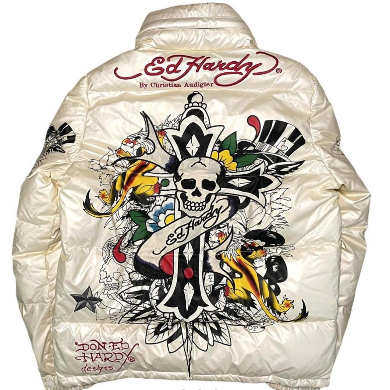Ed Hardy ホワイトダウンジャケット XS Puffer jacket ed hardy off white puffer | Depop