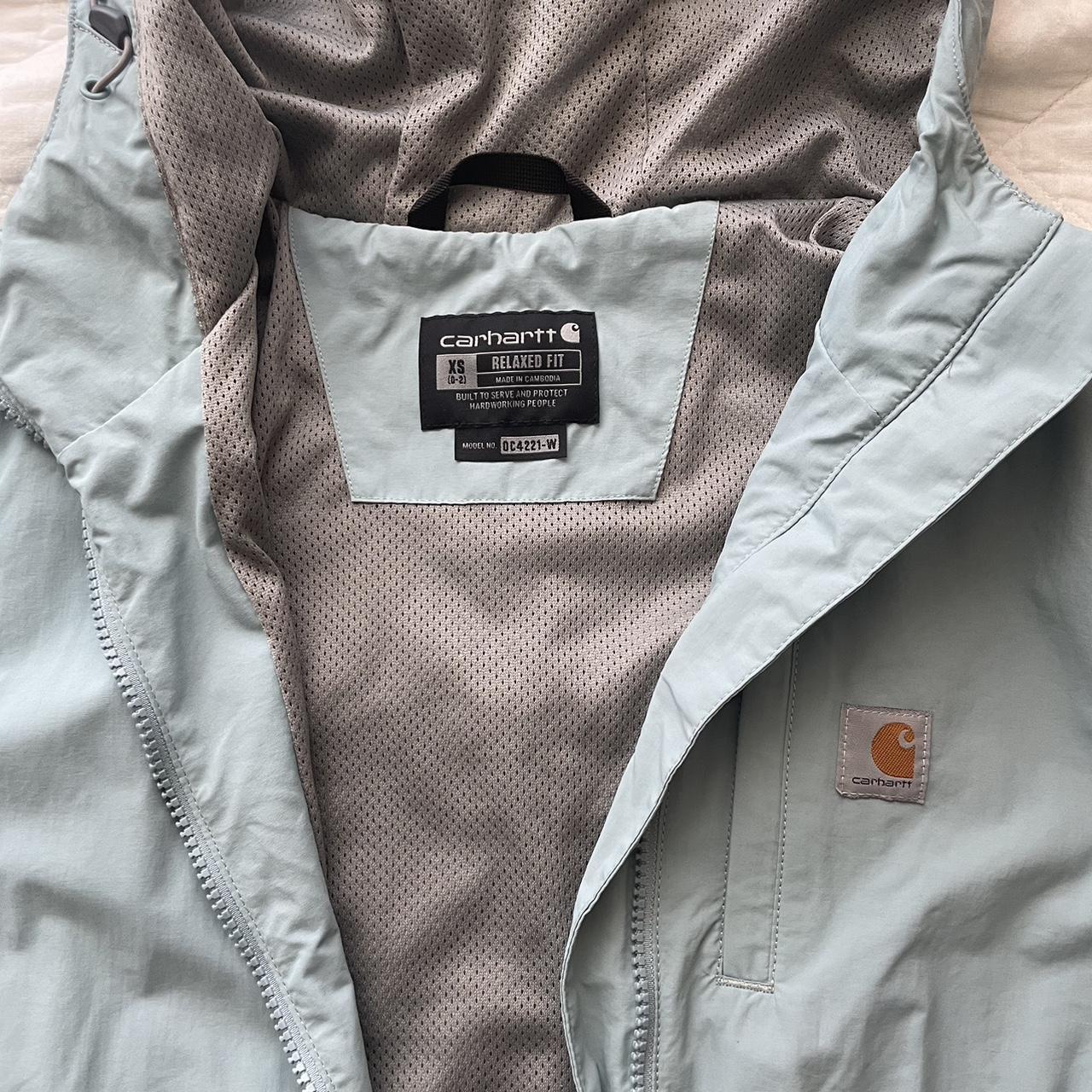 light blue carhartt rain jacket with gray interior,... Depop