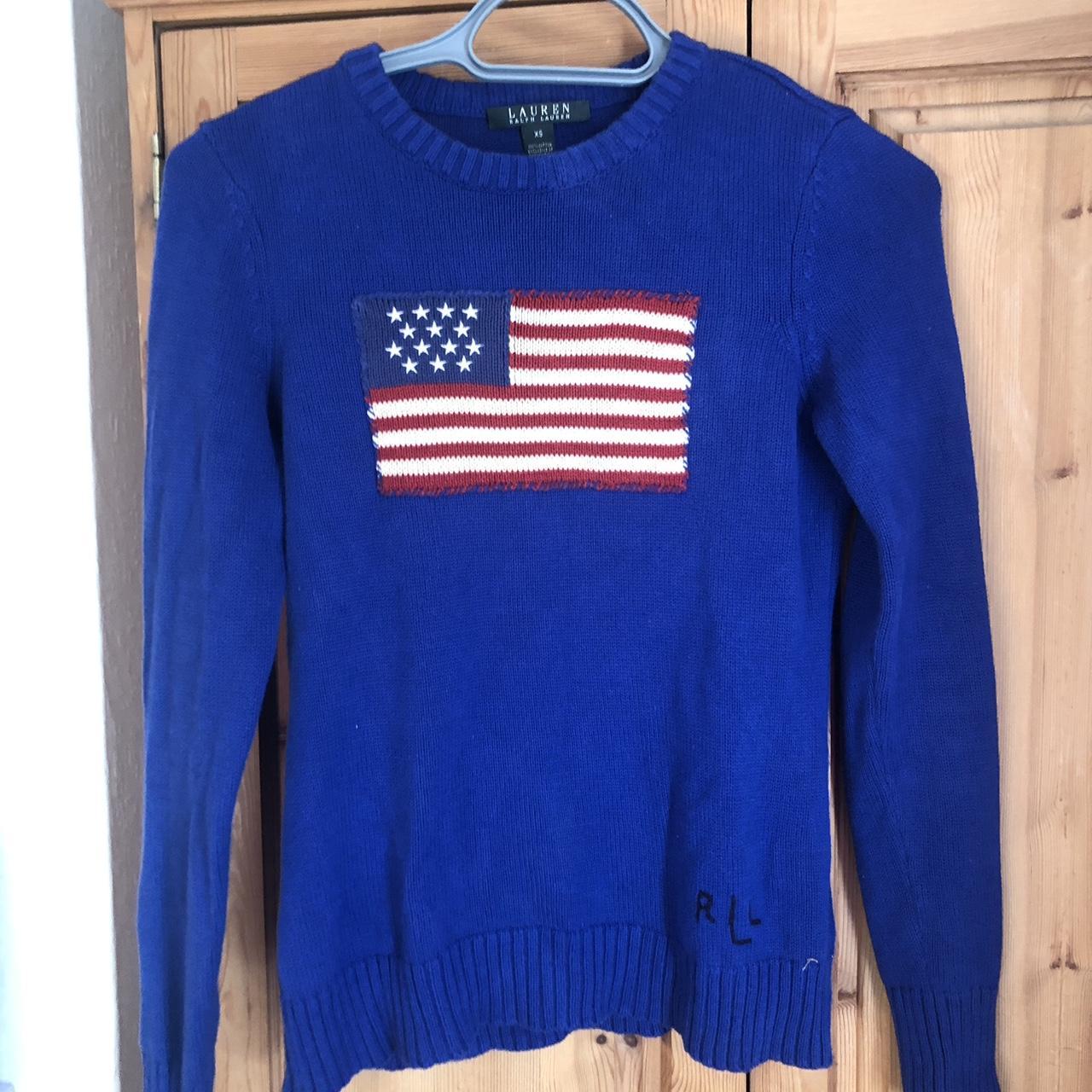 Ralph Lauren vintage blue knit American flag jumper XS - Depop