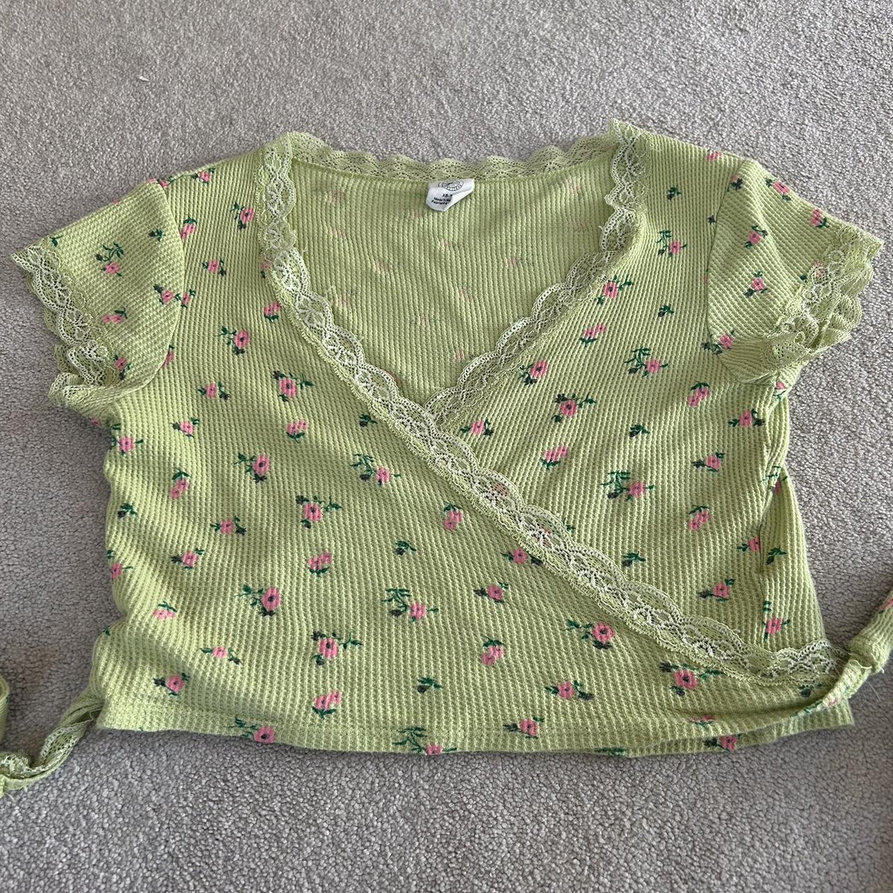 Urban Outfitters green floral wrap top size XS in... - Depop