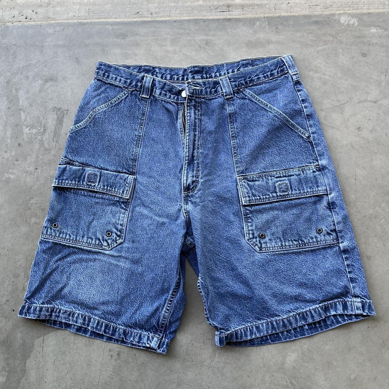 wrg jean cargo shorts wrangler blue wash distressed... - Depop