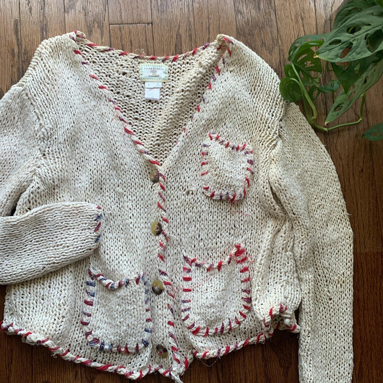 Susan Bristol Women's Cream and Red Cardigan | Depop