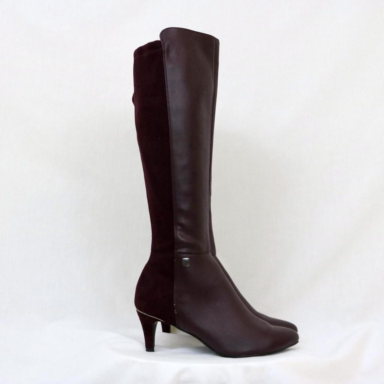 VINTAGE Y2K BURGUNDY KNEE HIGH FAUX LEATHER BOOTS BY... - Depop