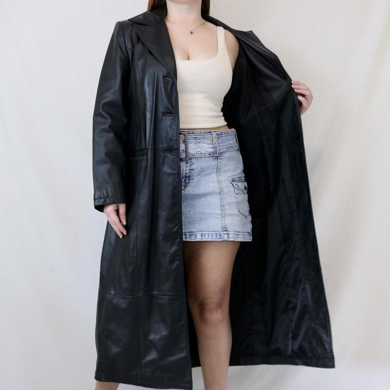 VINTAGE 90s BLACK LEATHER DUSTER TRENCH COAT... Depop
