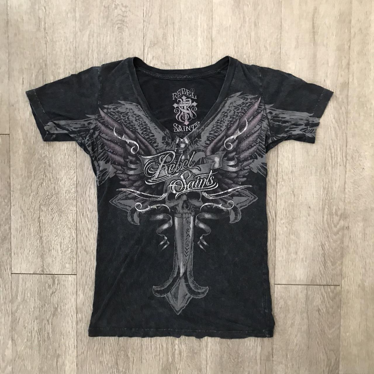 Rebel saints cyber grunge y2k affliction style shirt... - Depop