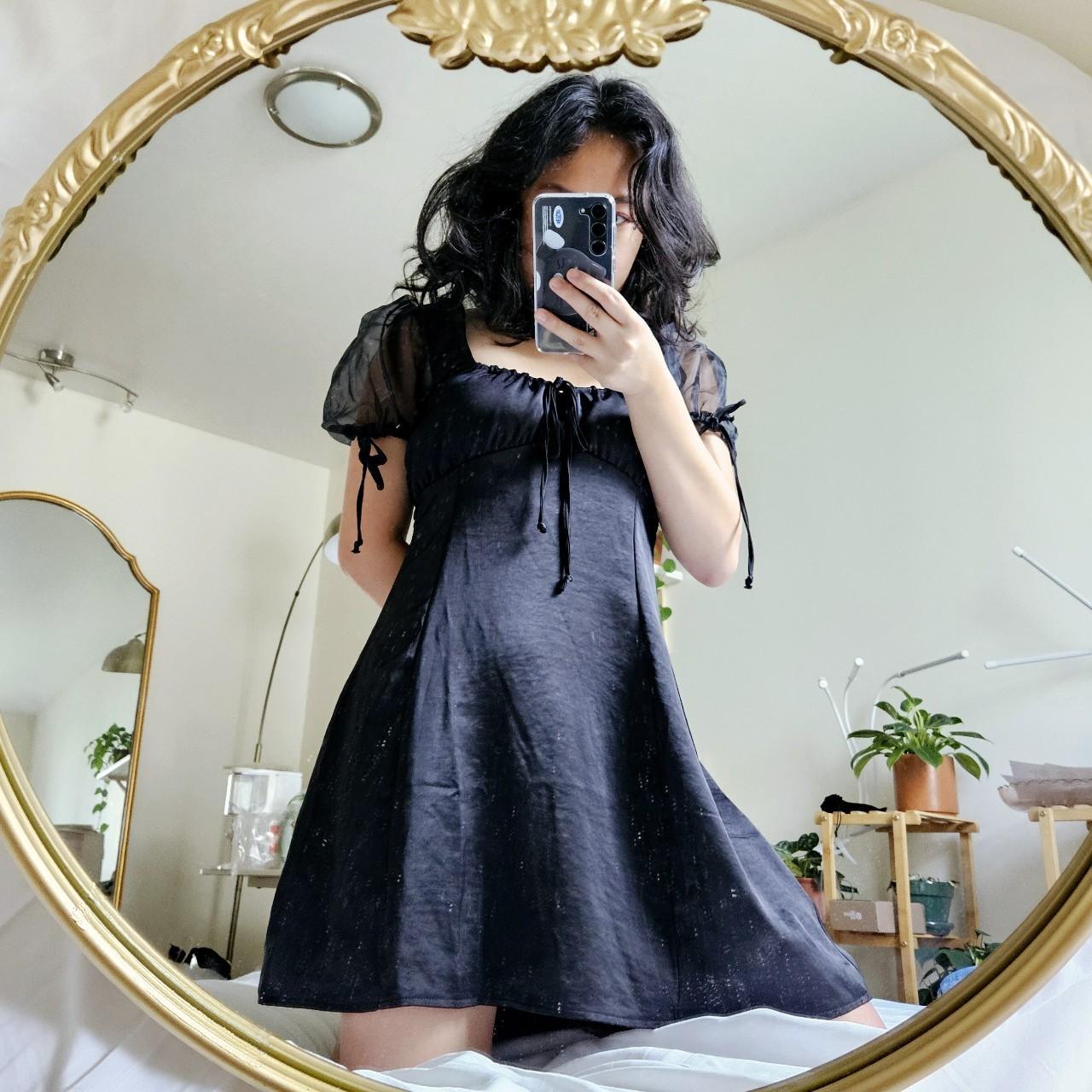 black satin puff sleeve dress, with a lovely square... - Depop
