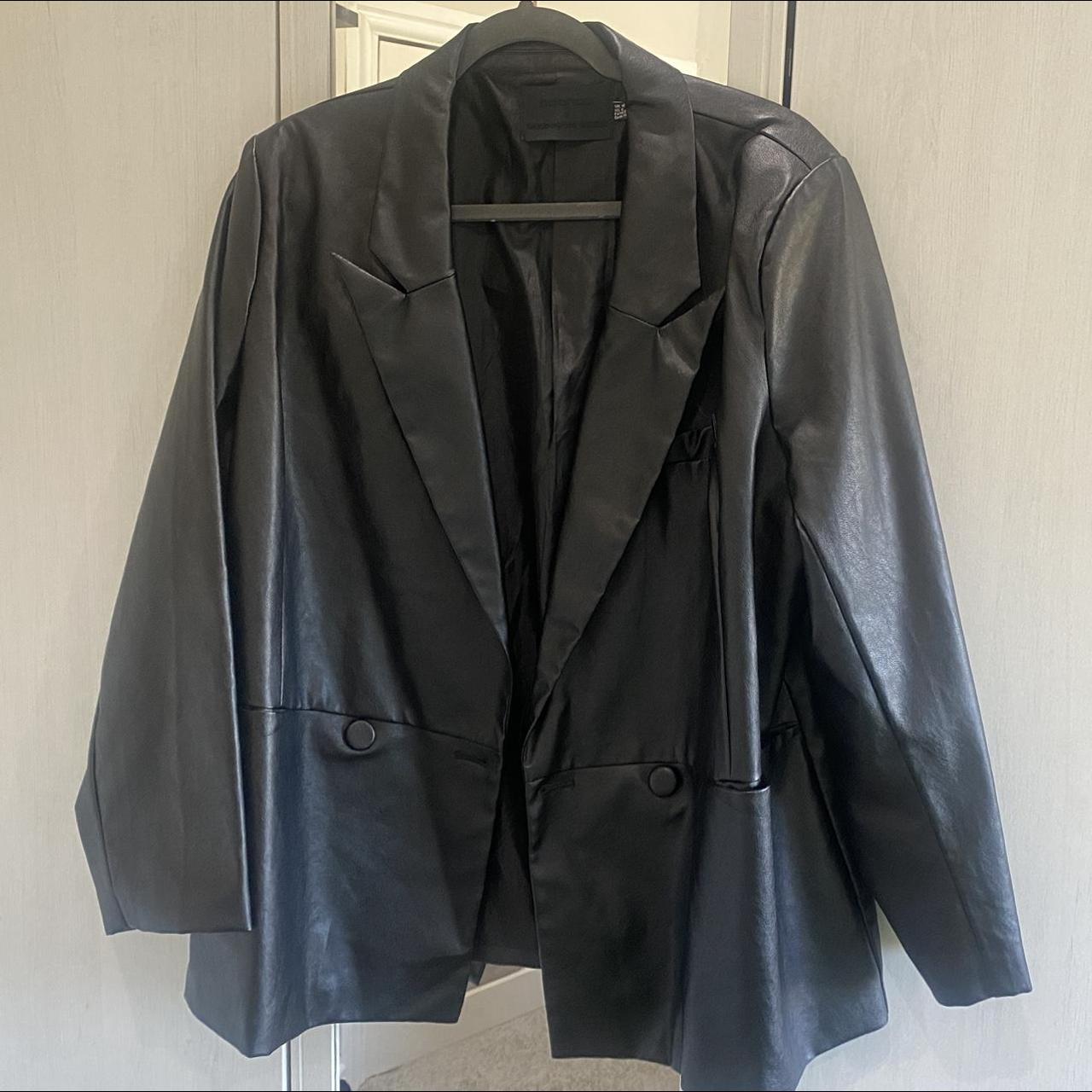 Oversized black leather blazer , worn once perfect... - Depop