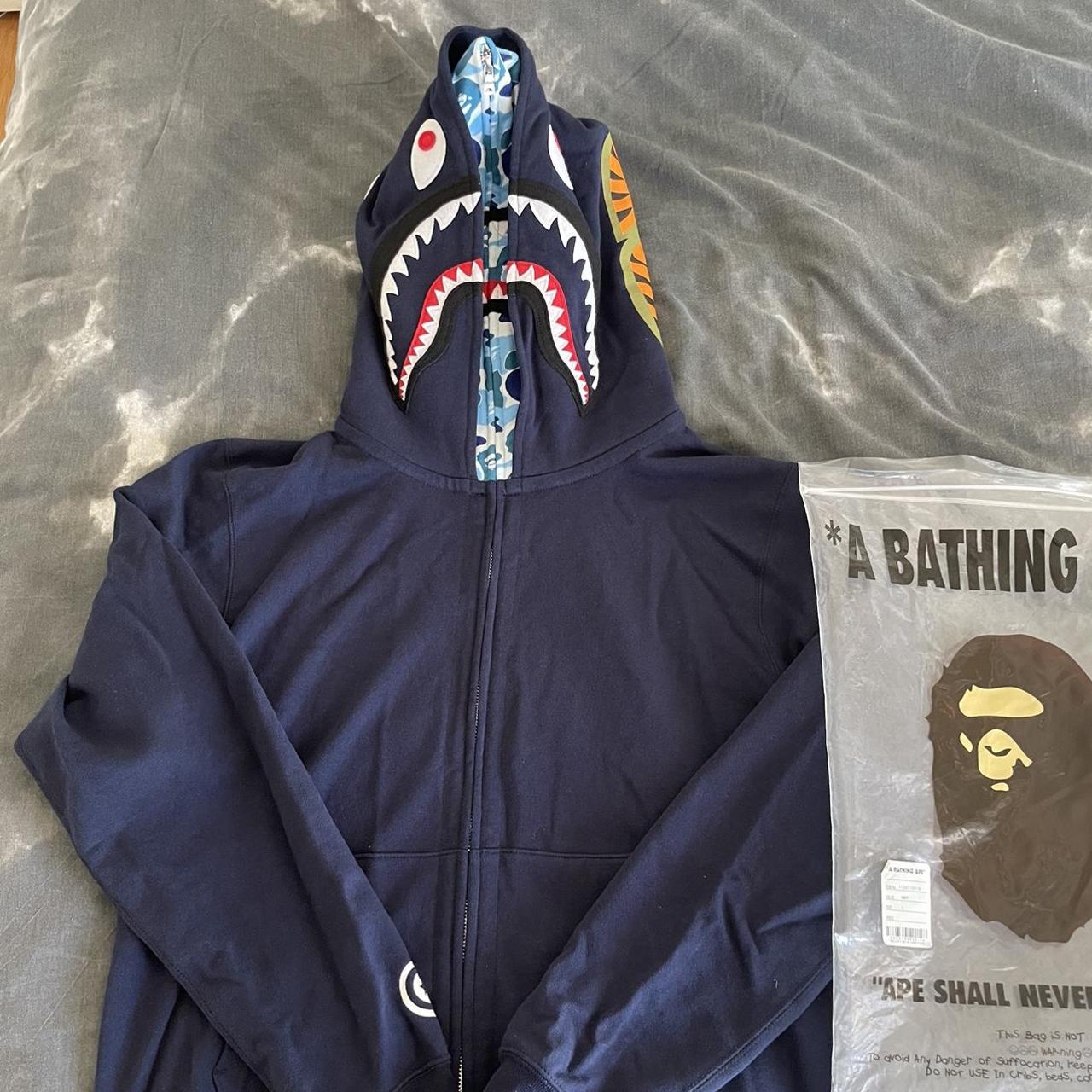 BAPE Men's Navy and Blue Hoodie Depop