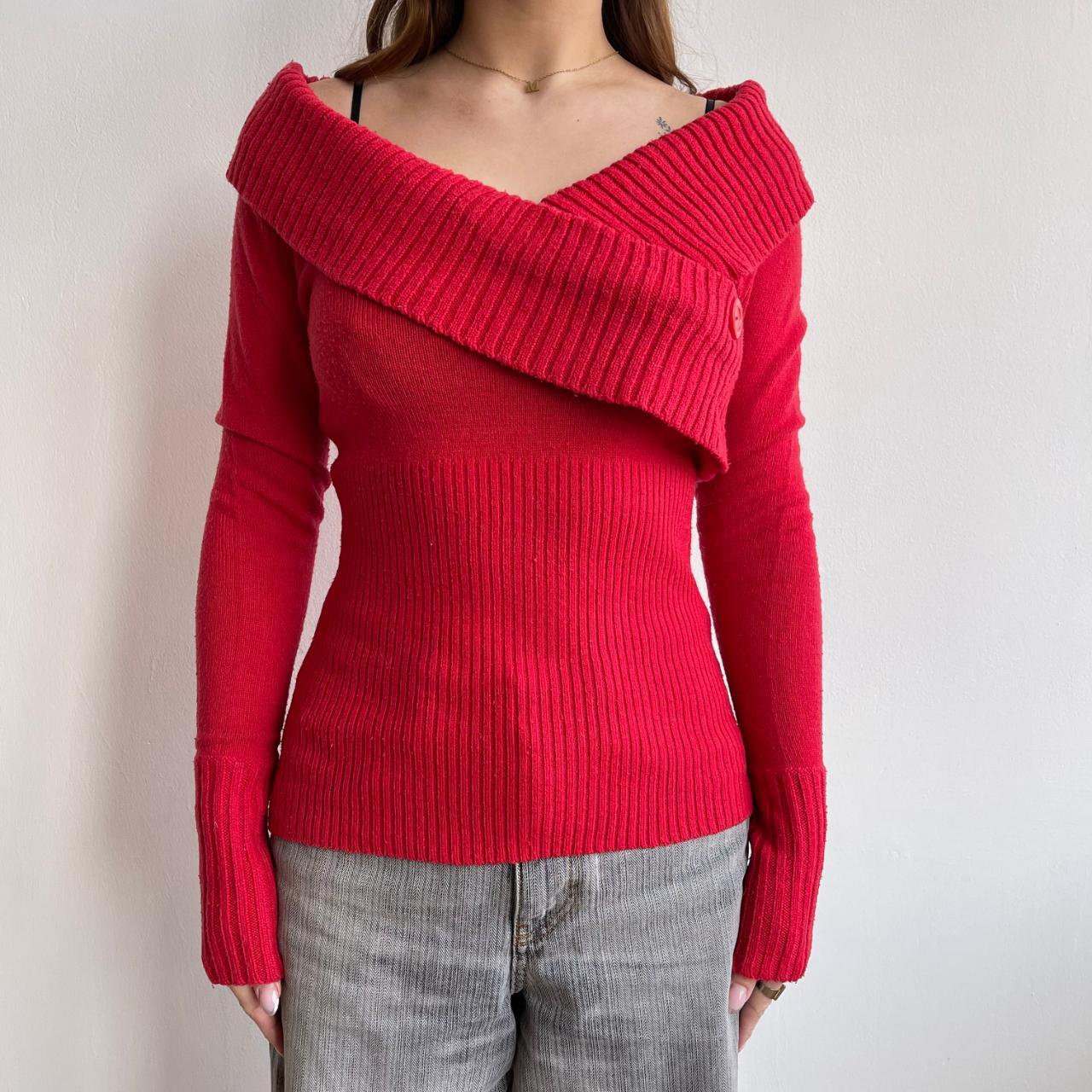 Red off shoulder jumper Knitted red ribbed jumper Depop