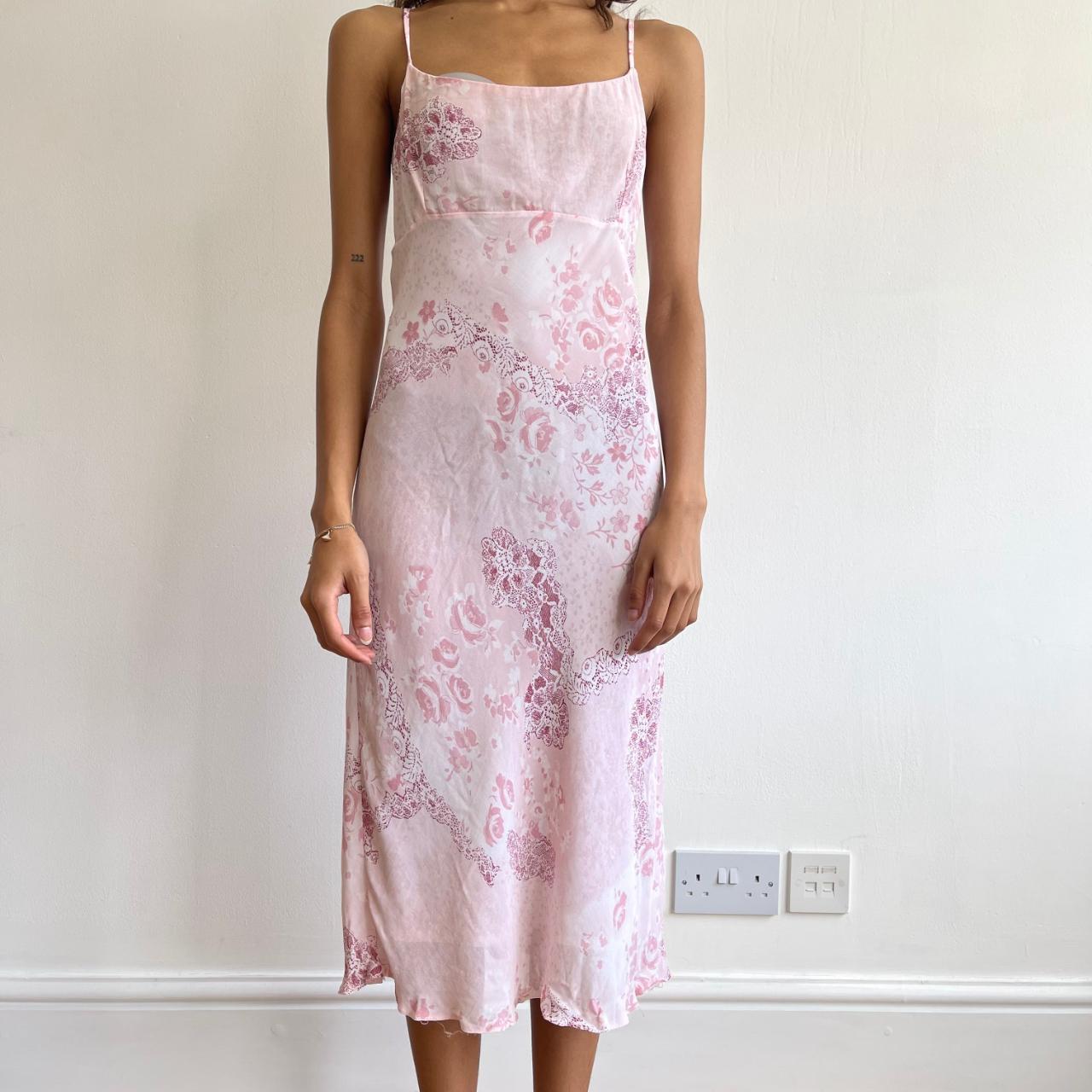 Pink floral midi dress - Size S Pink chiffon... - Depop
