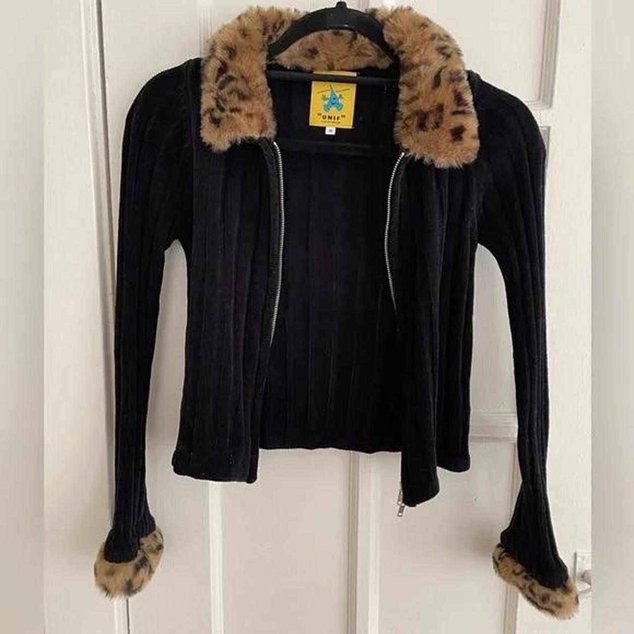 UNIF Cheetah Fur Trim Velvet Cardigan Sweater Zip... - Depop