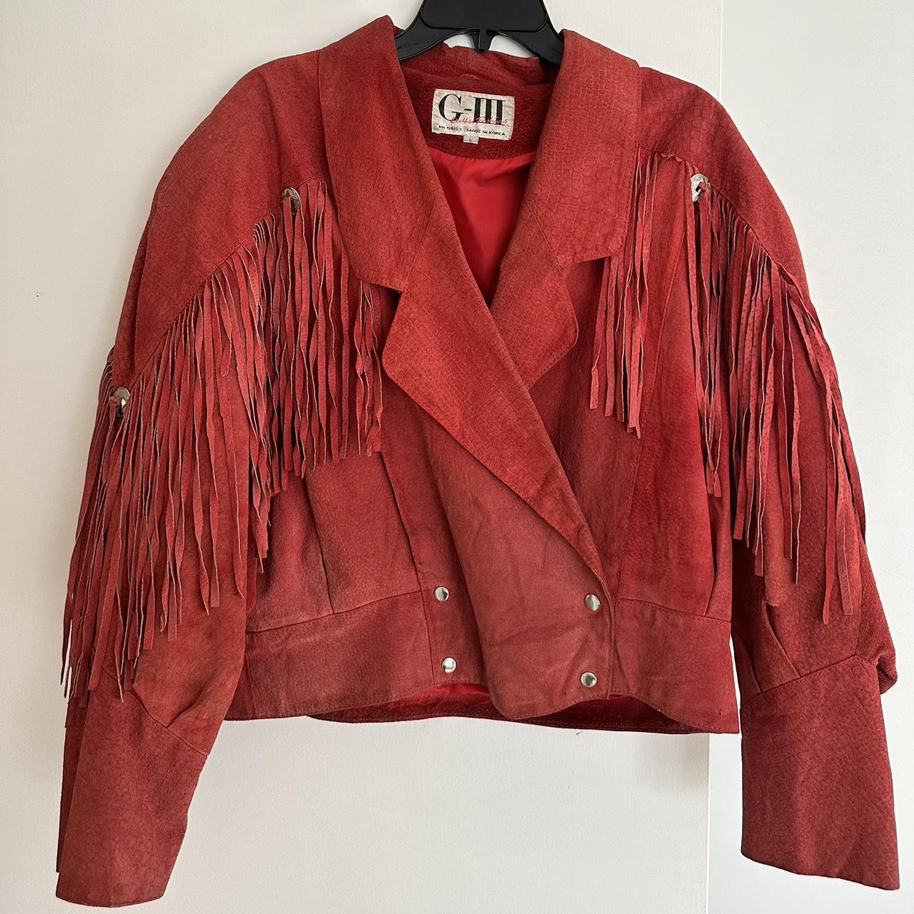 Vintage red leather fringe jacket with shoulder pads Depop