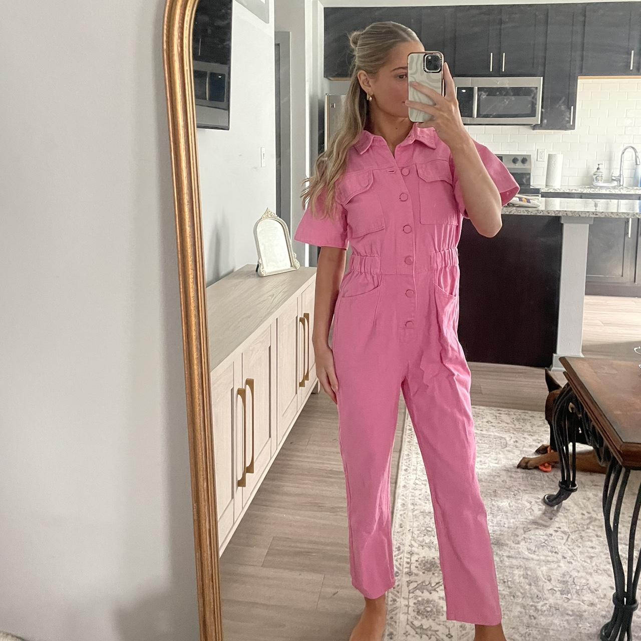 Pink jean jumpsuit hotsell