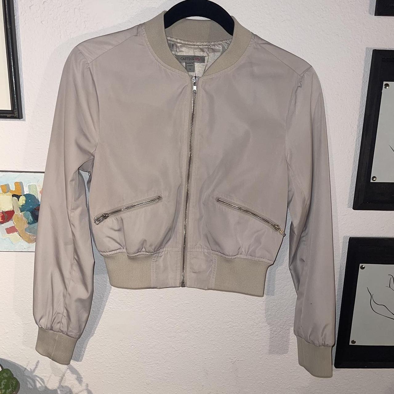 Cream bomber jacket. Cropped fit with silver... - Depop