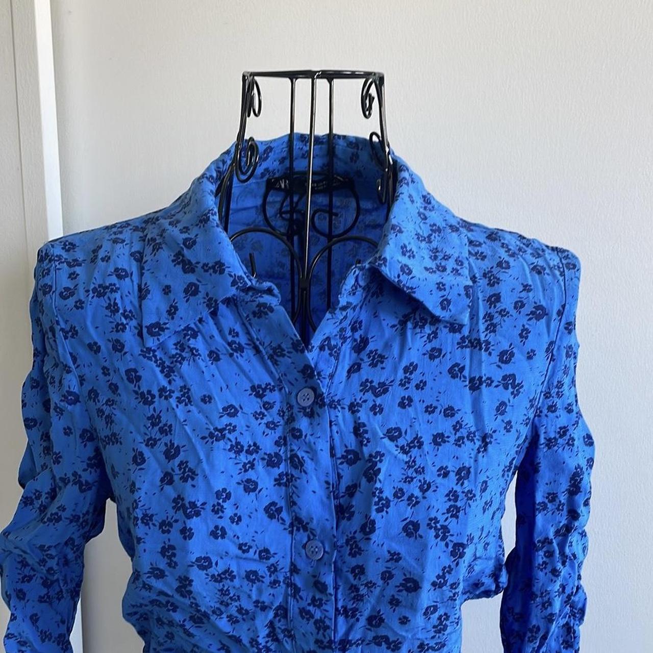 Zara Blue Floral Print Button Up Ruched Blouse. New... - Depop