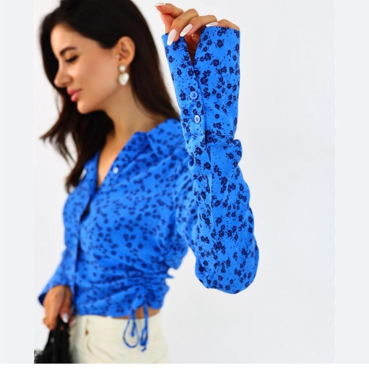 Zara blue floral print button up ruched blouse. New... Depop