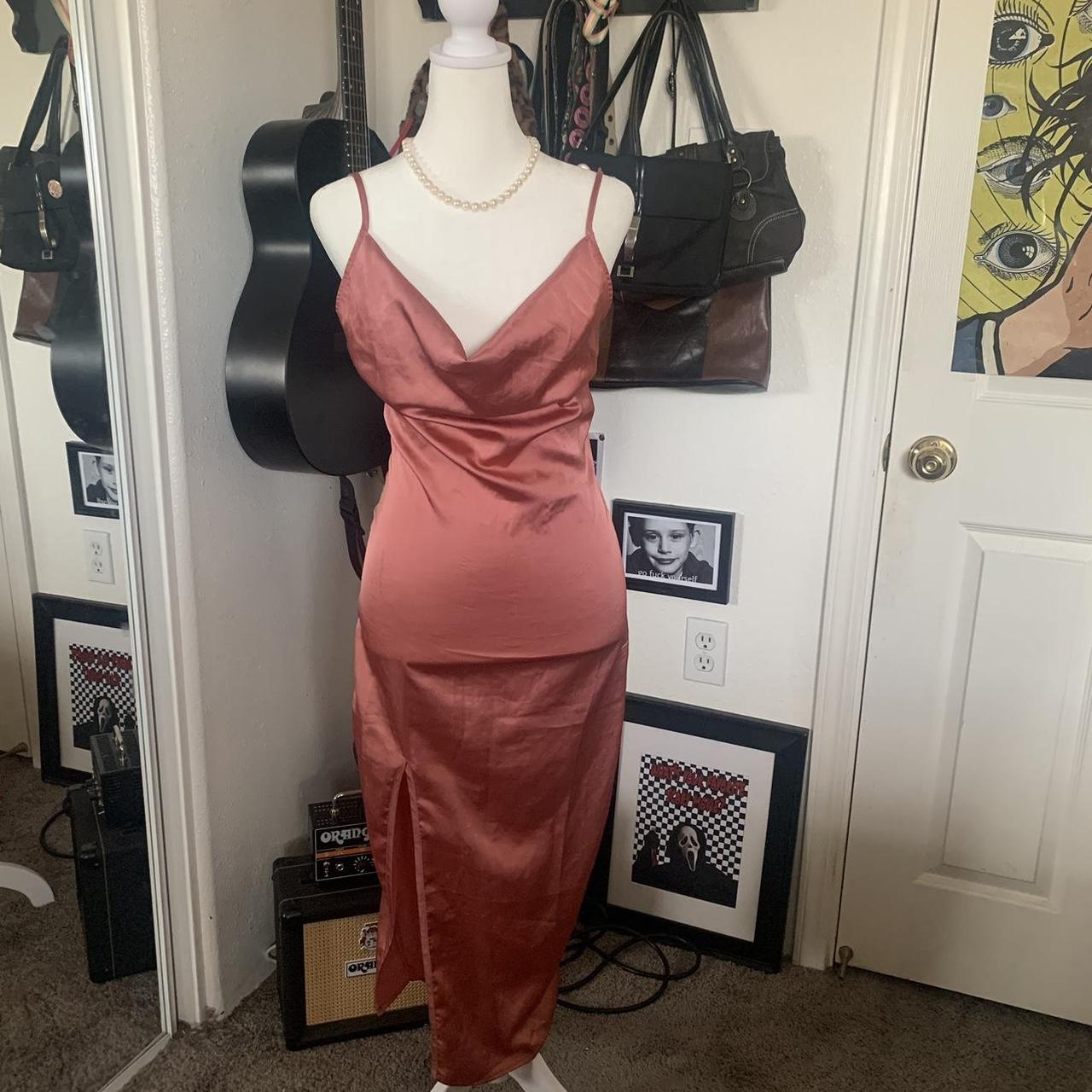 Satin midi dress 💕 -cowl neck -side split Waist... - Depop