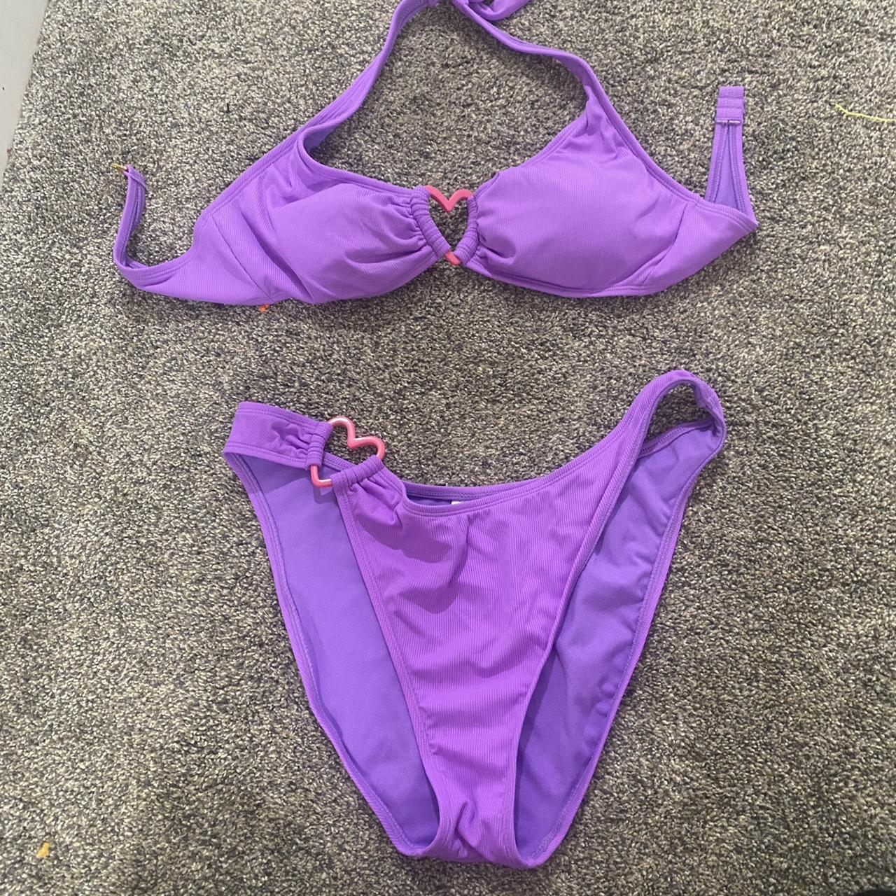 Large purple 2 piece bathing suit with pink heart Depop