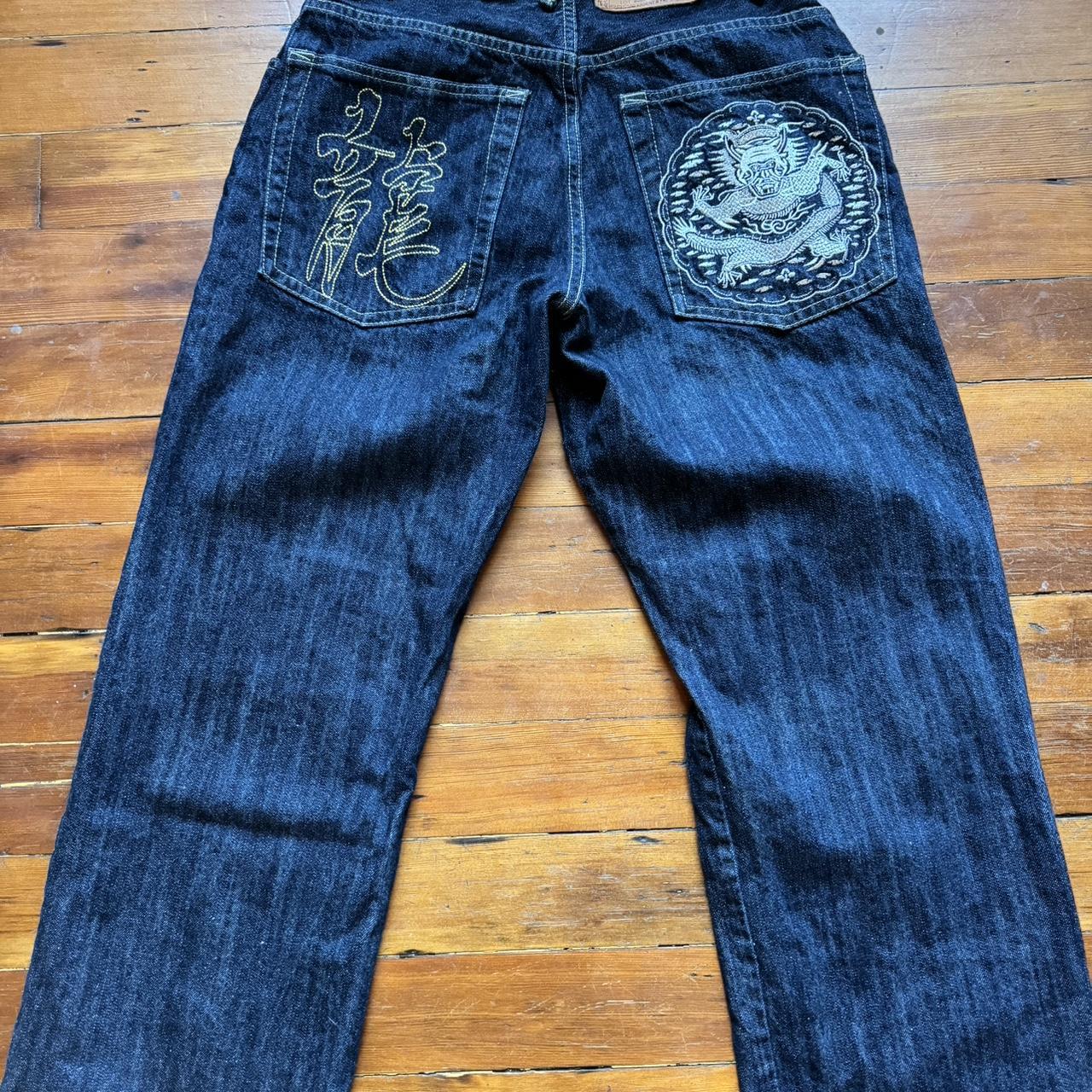 Men's steetwear baggy dragon design jeans size 34x32 - Depop