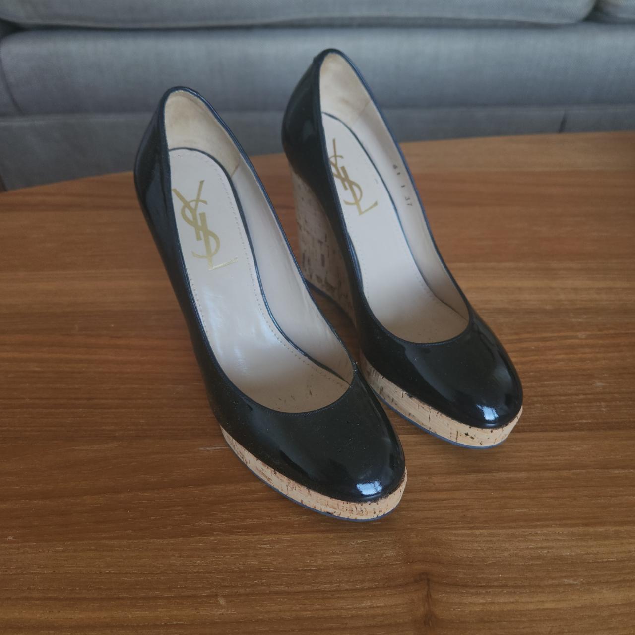 This is a pair of vintage YSL patent leather cork... - Depop
