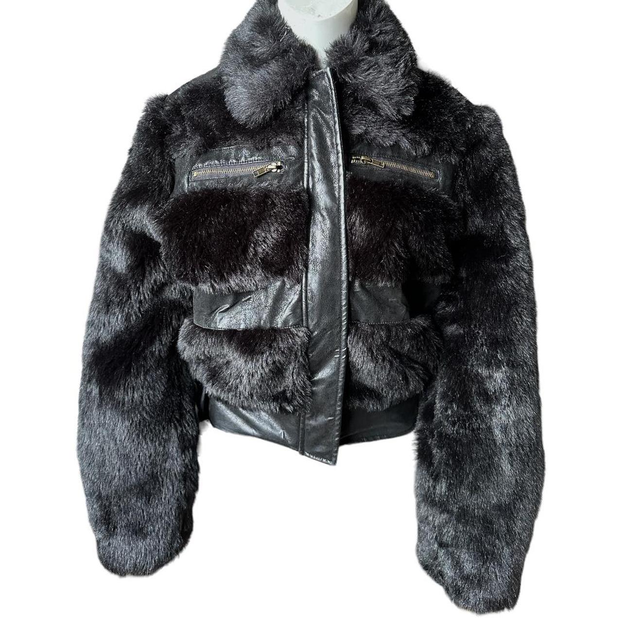 Y2k cropped black fur bomber jacket - Y2k cropped... - Depop