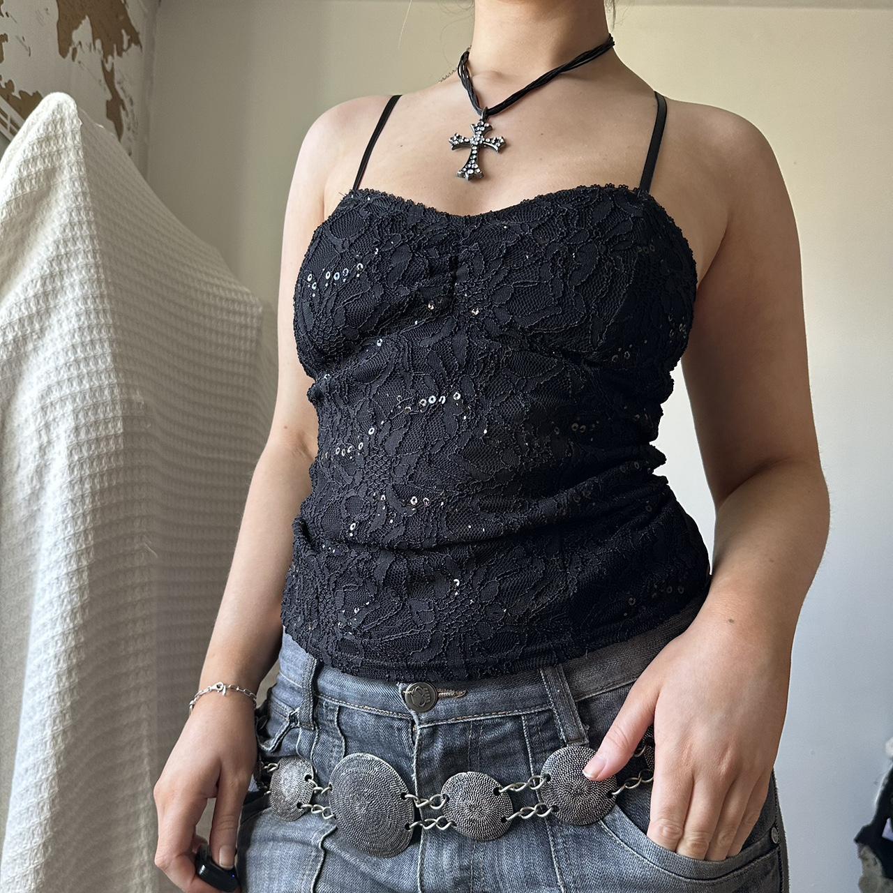 Y2k vintage black lace cami with sequin... Depop