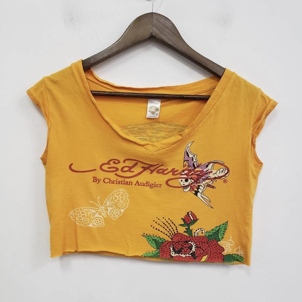 Yellow (cropped) ed hardy shirt size L Has... Depop