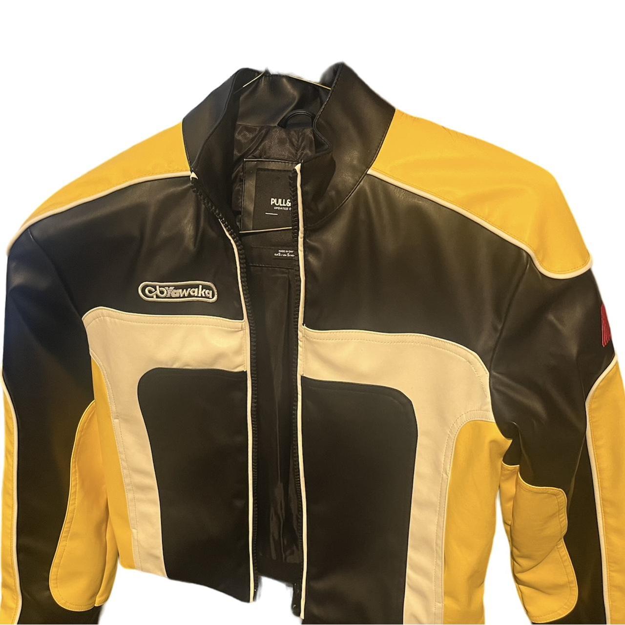 Pleather yellow white and black racing jacket. Repop... - Depop
