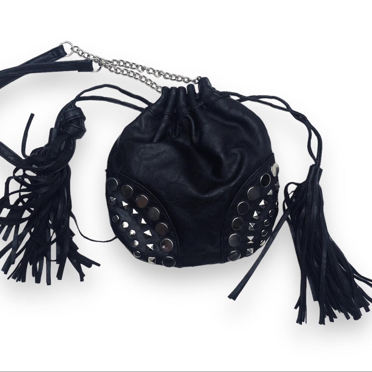 Black, vegan-leather, crossbody purse with tassels. By Isabelle | eBay