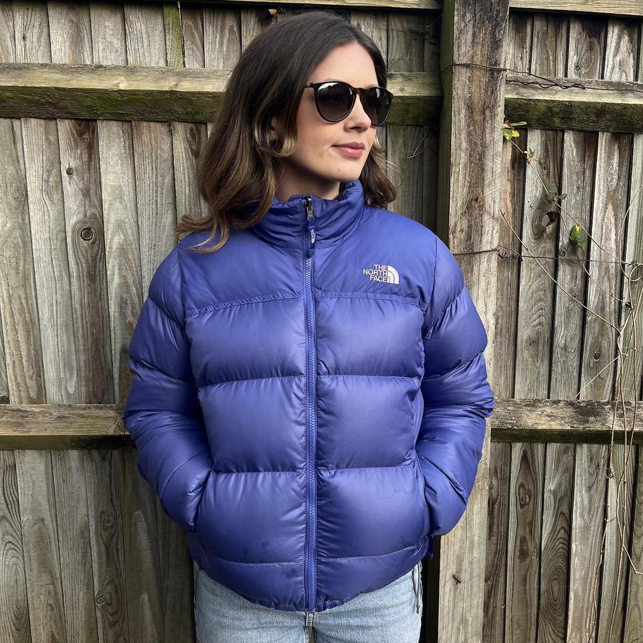 Purple goose down puffer jacket with branding Depop