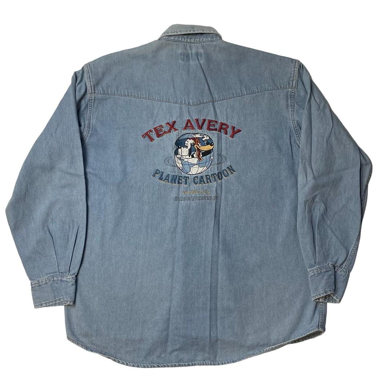 Vintage Tex Avery Plant Cartoon denim shirt blue... - Depop