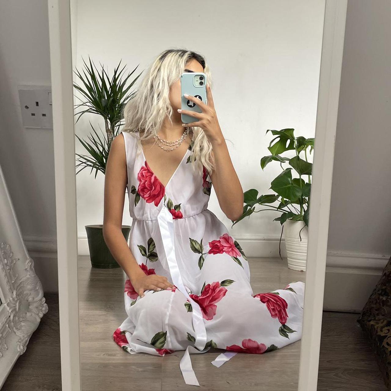 vintage midi white slip dress with rose print semi... - Depop