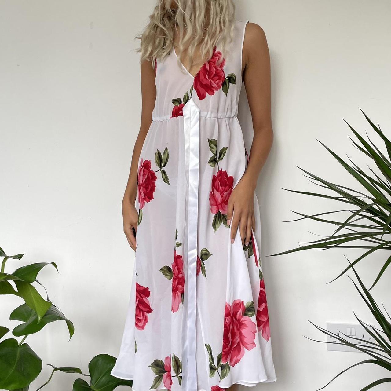 vintage midi white slip dress with rose print semi... - Depop