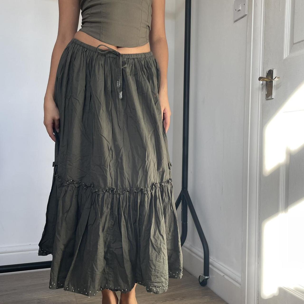 vintage khaki green boho hippy maxi skirt with... - Depop