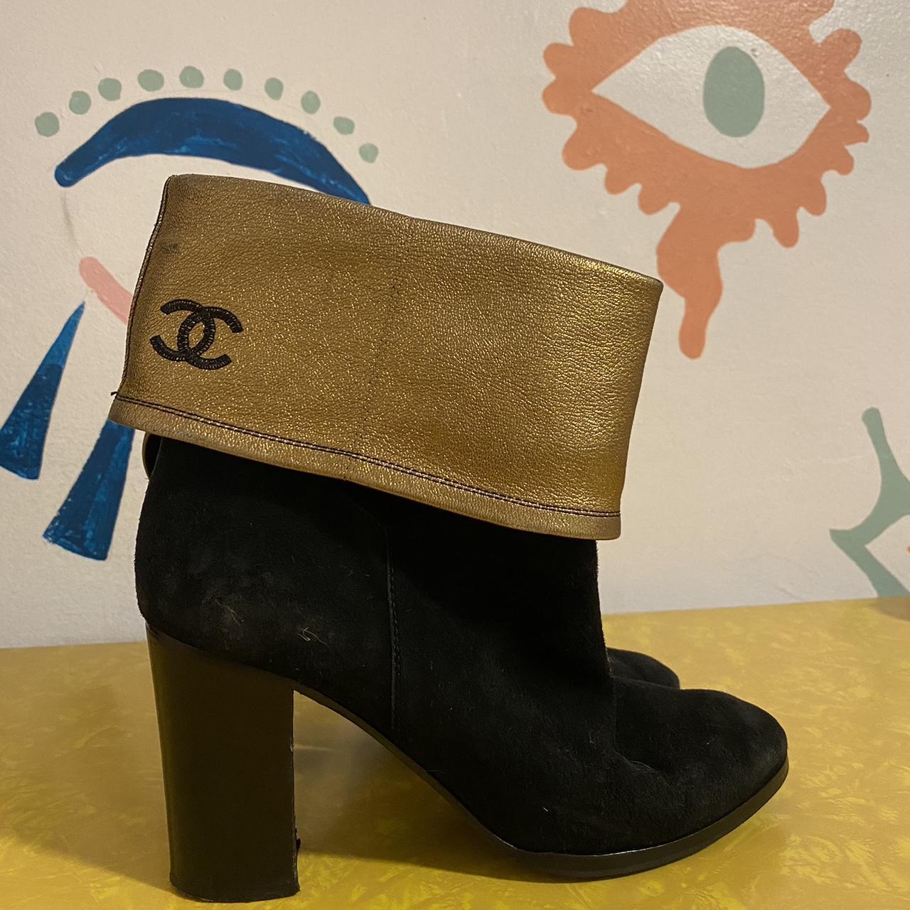 chanel 07 cruise black and gold suede ankle boot. Depop