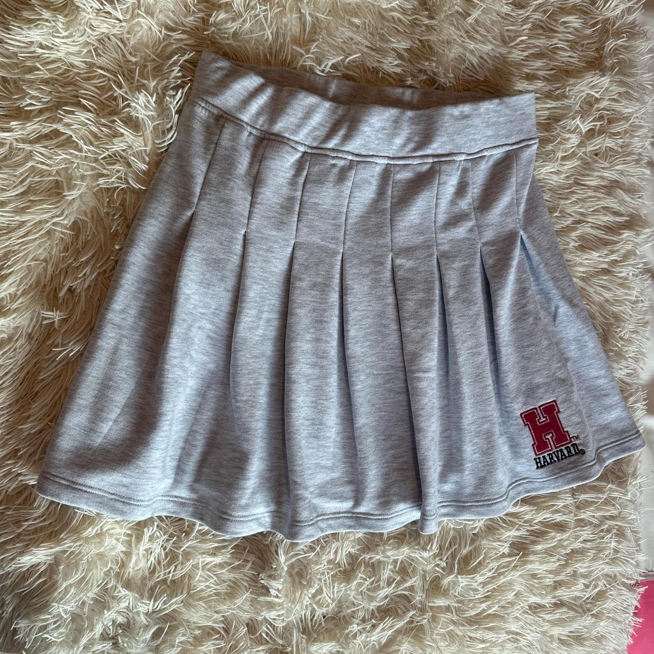 Grey Pleated skirt with Harvard logo Depop