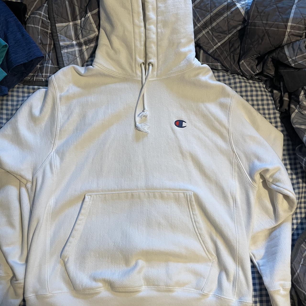 men’s white champion hoodie. size M worn a few times - Depop