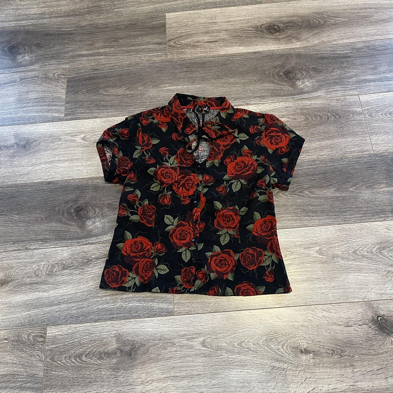 Revival black/red rose shirt. has a bow on the neck.... - Depop